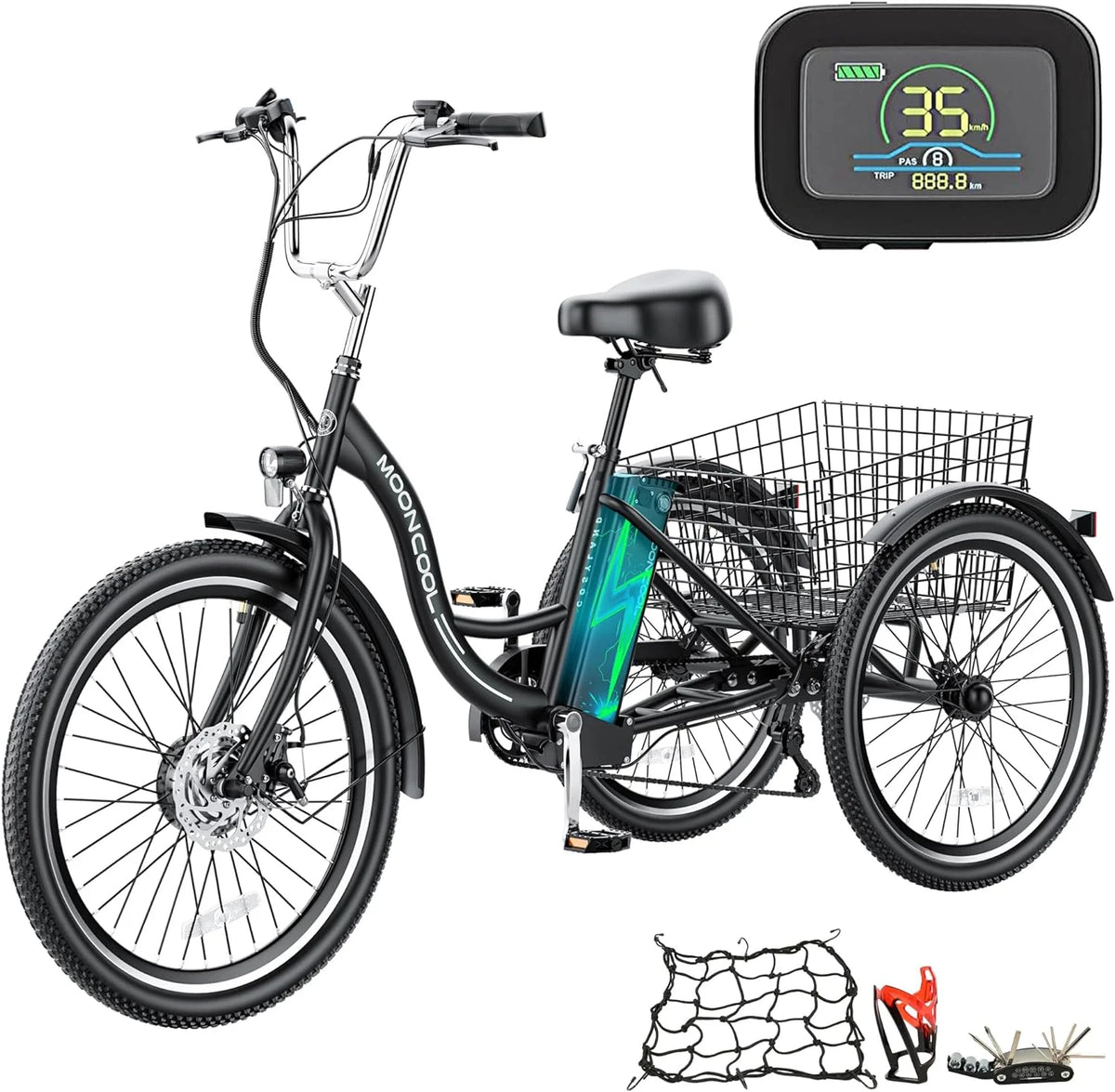 Tricycles électriques ABORON 24 26, batterie au lithium 36 V 10 Ah 350 W, triporteur électrique 7 vitesses pour adultes avec grand panier arrière et siège réglable