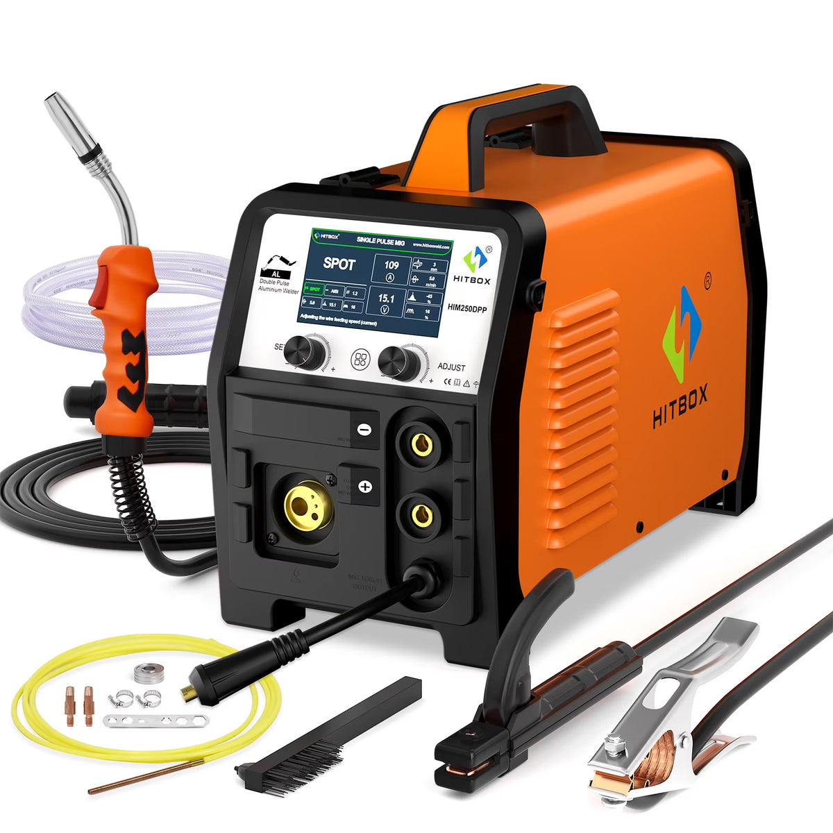 Poste à souder MIG en aluminium HITBOX, poste à souder MIG à double impulsion 200 A 110/220 V, soudage MIG au gaz / sans gaz, TIG lift et MMA à l’électrode enrobée