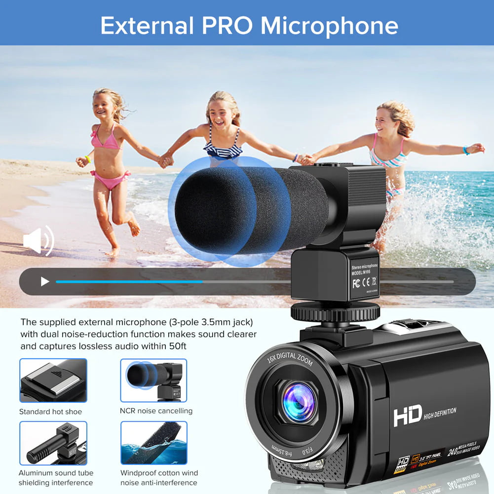 Caméra Vidéo Caméscope Caméra de Vlogging YouTube FHD 1080P 30FPS 24MP Zoom Numérique 16X Écran LCD 3 Rotatif 270 Degrés Appareil Photo Numérique Enregistreur avec Microphone,Télécommande,2 Batteries