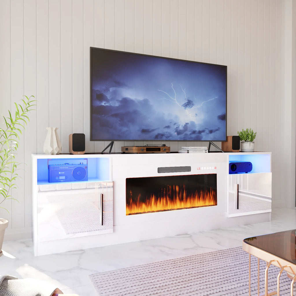 Meuble TV avec cheminée Waleaf avec cheminée électrique de 36 pouces pour téléviseurs jusqu’à 80 pouces, console multimédia moderne en bois avec meuble éclairé, blanc