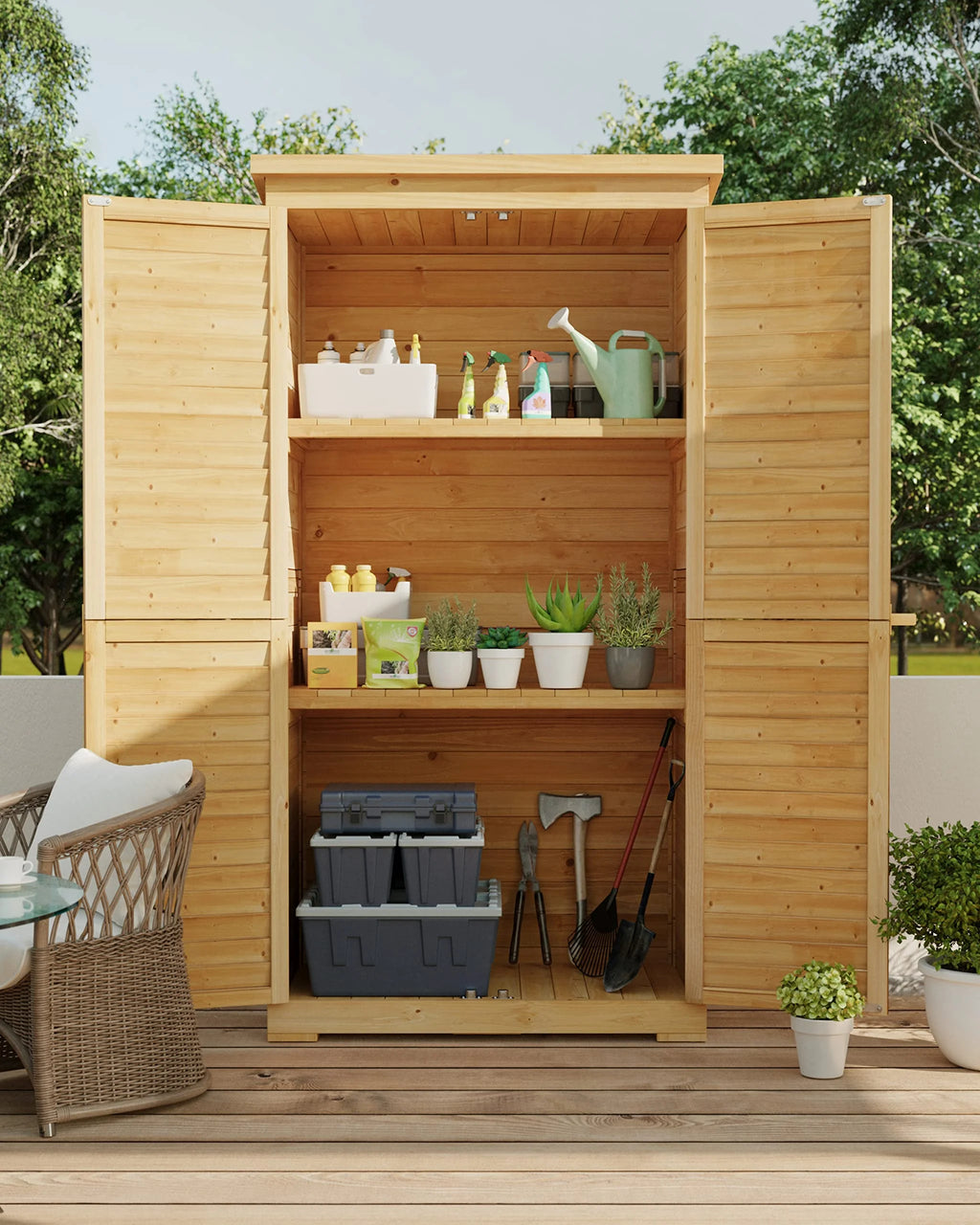 Abri de rangement extérieur large Aiho 55 avec portes doubles verrouillables - Abri de jardin résistant aux intempéries pour terrasse, jardin et pelouse, gris