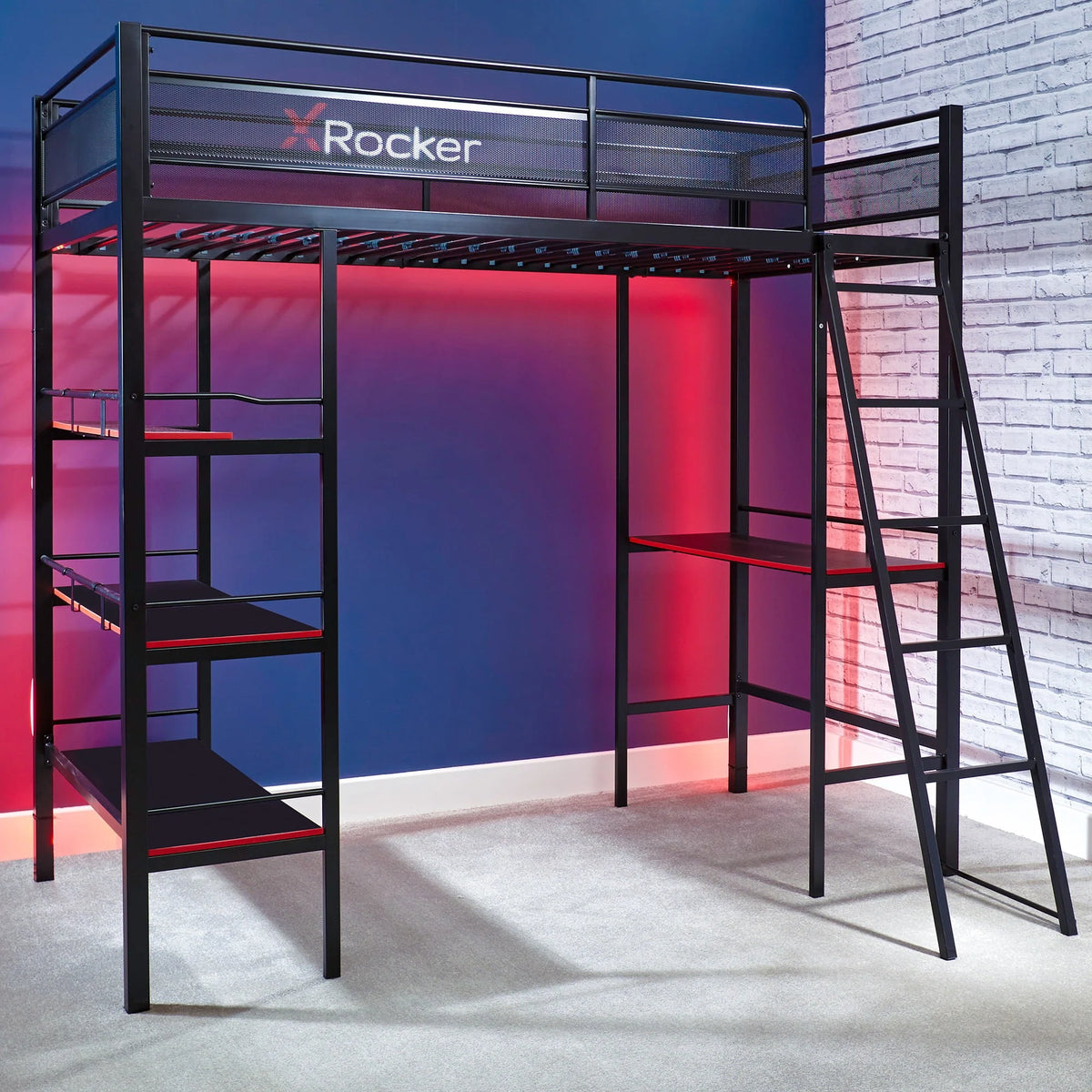Lit superposé gaming X Rocker Fortress avec bureau et étagères, 1 place, noir/rouge, lit mezzanine, enfants, adolescents