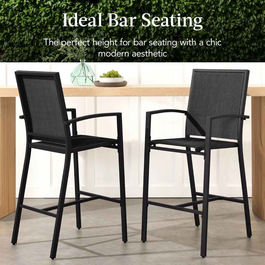 Best Choice Products Lot de 2 tabourets de bar d'extérieur, Chaises de patio hauteur bar avec maille toutes saisons - Noir/Noir