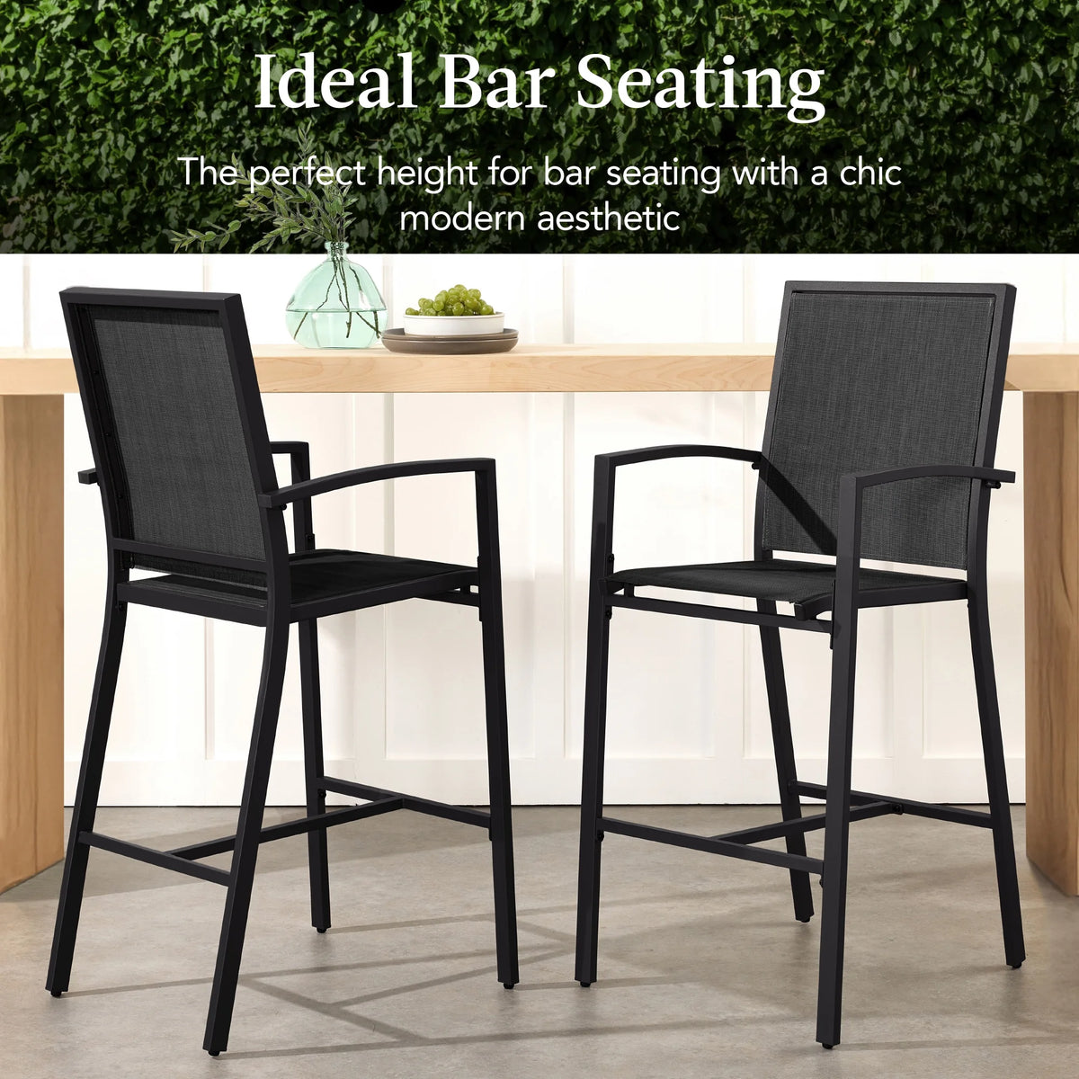 Best Choice Products Lot de 2 tabourets de bar d'extérieur, Chaises de patio hauteur bar avec maille toutes saisons - Noir/Noir