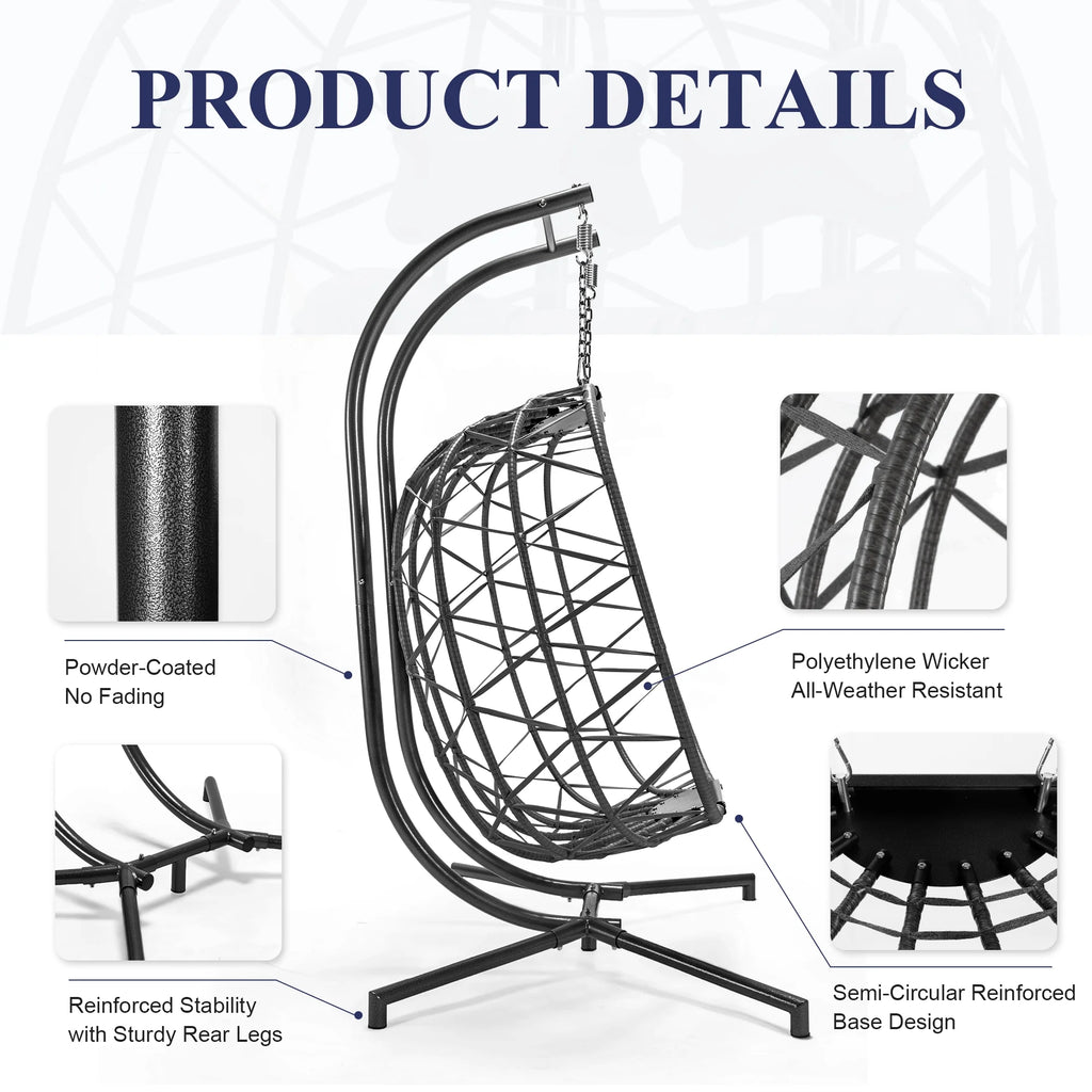 Fauteuil suspendu œuf double en osier RADIATA avec support, fauteuil œuf suspendu pour 2 personnes, intérieur/extérieur, capacité de 700 lb, coussins épais et appuie-tête, structure en métal robuste, gris foncé