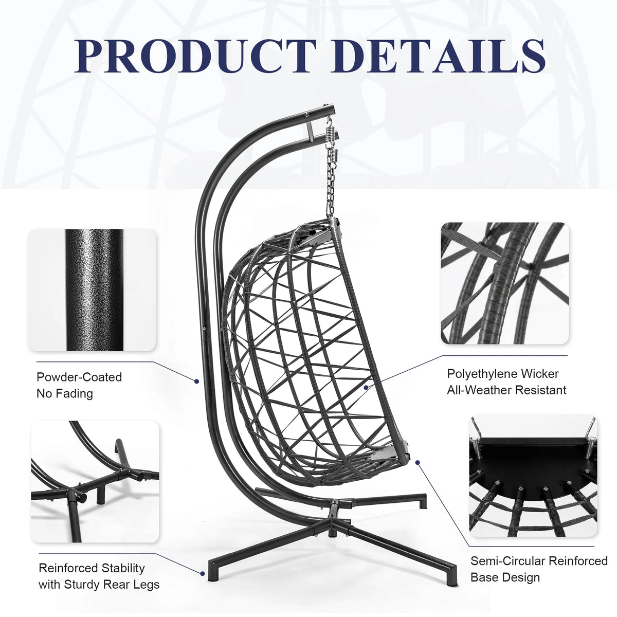 Fauteuil suspendu œuf double en osier RADIATA avec support, fauteuil œuf suspendu pour 2 personnes, intérieur/extérieur, capacité de 700 lb, coussins épais et appuie-tête, structure en métal robuste, gris foncé