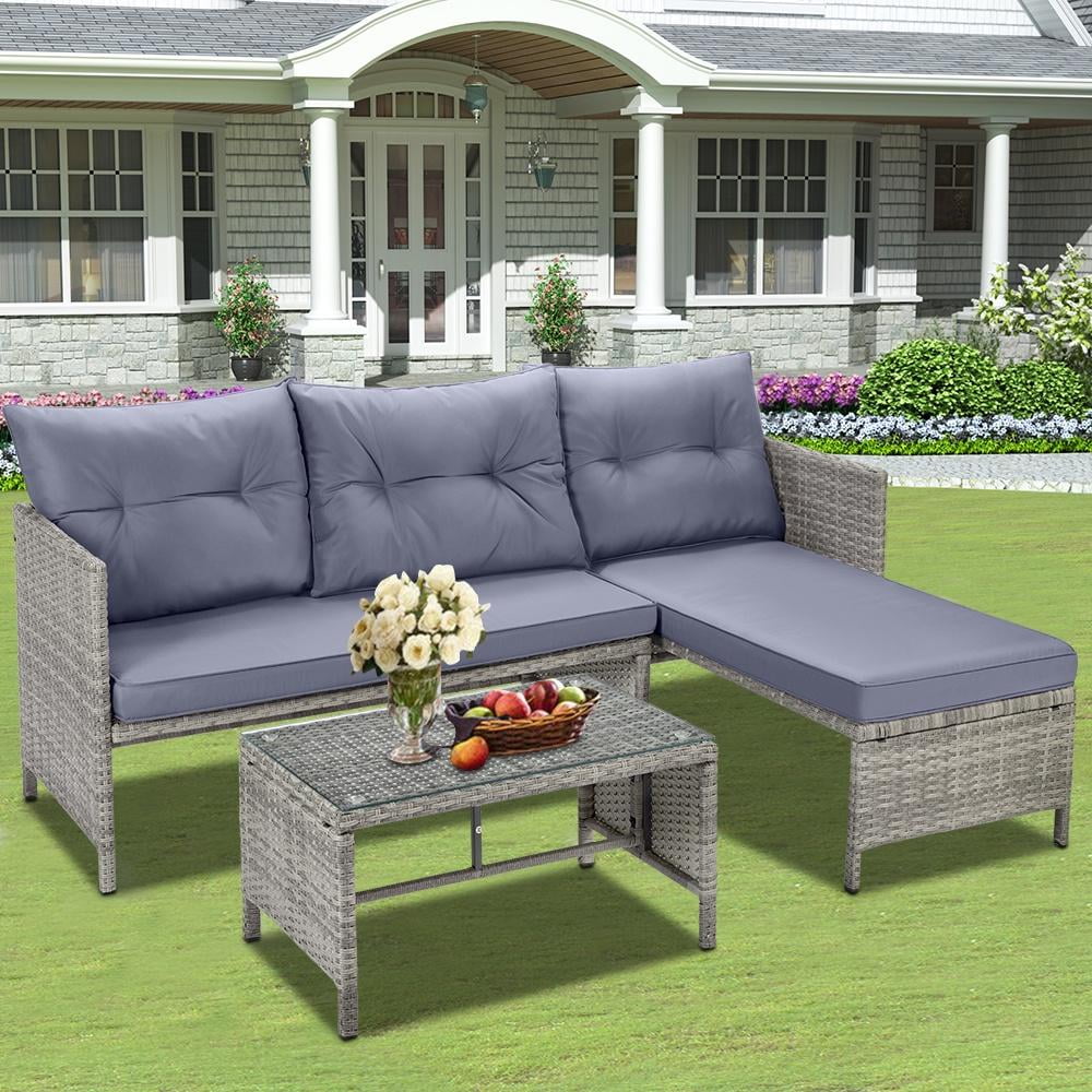Ensemble de canapés de jardin en rotin, 4 pièces, salon d’angle d’extérieur en résine tressée PE résistante aux intempéries, ensemble de conversation avec coussins et table en verre pour terrasse, jardin, bord de piscine ou deck