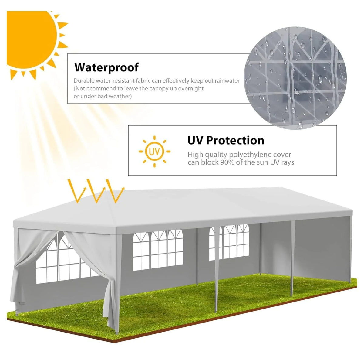 Tente de réception extérieure 10'x30', auvent de mariage, chapiteau de camping imperméable, abri de barbecue robuste, 8 parois latérales amovibles (10x30)