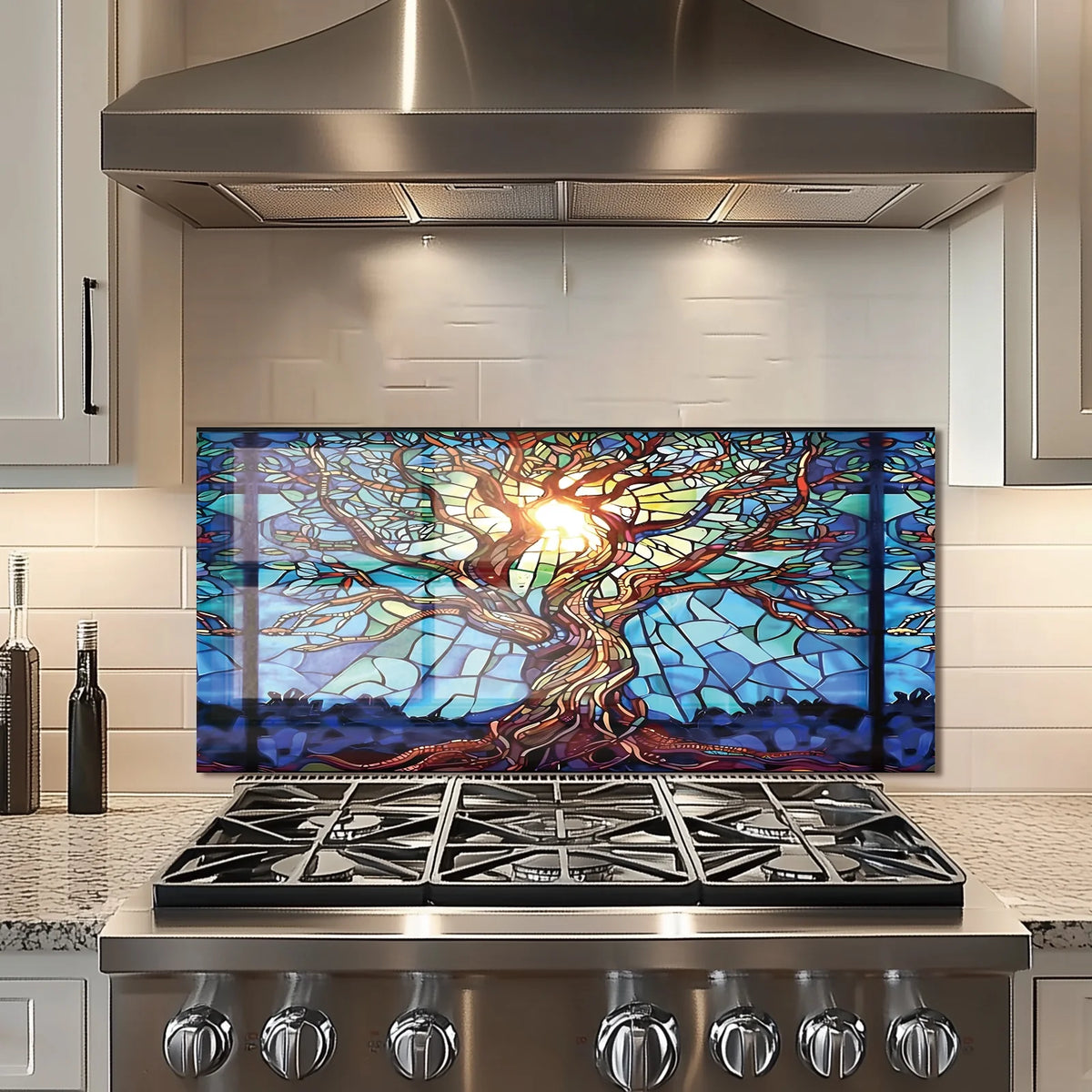 Crédence en verre trempé motif Arbre de vie en mosaïque pour cuisine derrière la cuisinière, cache supérieur pour cuisinière, crédence en verre facile à nettoyer, pare-éclaboussures pour évier, décoration murale de cuisine pour la maison