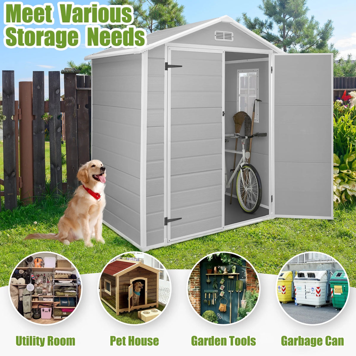 Enyopro Abri de rangement extérieur 6 x 4,4 pi, grand abri utilitaire en résine plastique toutes saisons pour outils avec deux portes verrouillables, pour patio, cour arrière et pelouse, gris