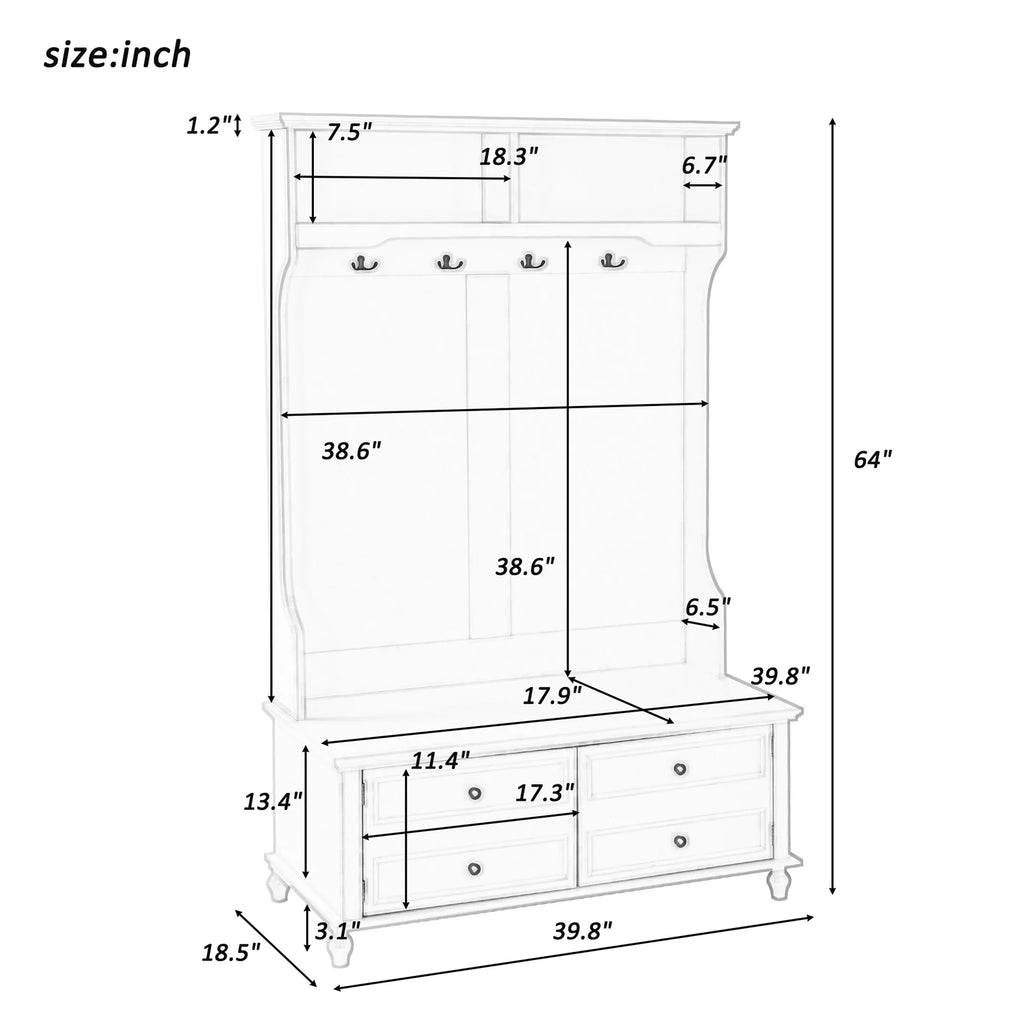 Vestiaire d’entrée avec banc rembourré et patères, banc d’entrée avec 3 crochets, 3 étagères ouvertes, 2 tiroirs et placards de rangement, banc de vestibule avec rangements et crochets pour entrée, vestibule ou couloir (beige)