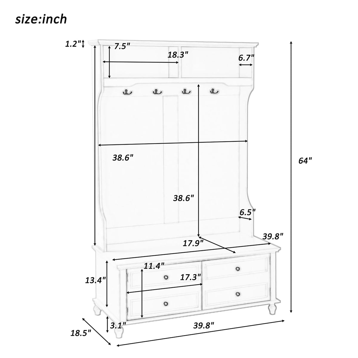 Vestiaire d’entrée avec banc rembourré et patères, banc d’entrée avec 3 crochets, 3 étagères ouvertes, 2 tiroirs et placards de rangement, banc de vestibule avec rangements et crochets pour entrée, vestibule ou couloir (beige)