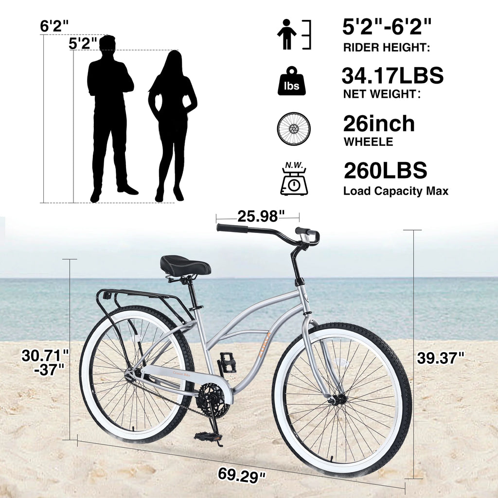 Vélo de plage 26 pouces, vélo à vitesse unique avec cadre en acier, pneus larges et frein à pédale arrière, vélo urbain confortable pour homme adulte, argenté