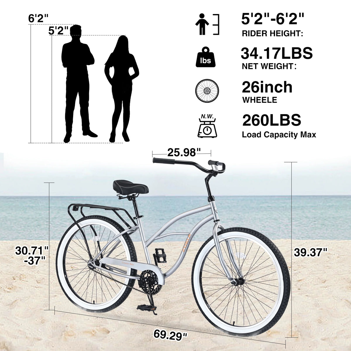 Vélo de plage 26 pouces, vélo à vitesse unique avec cadre en acier, pneus larges et frein à pédale arrière, vélo urbain confortable pour homme adulte, argenté