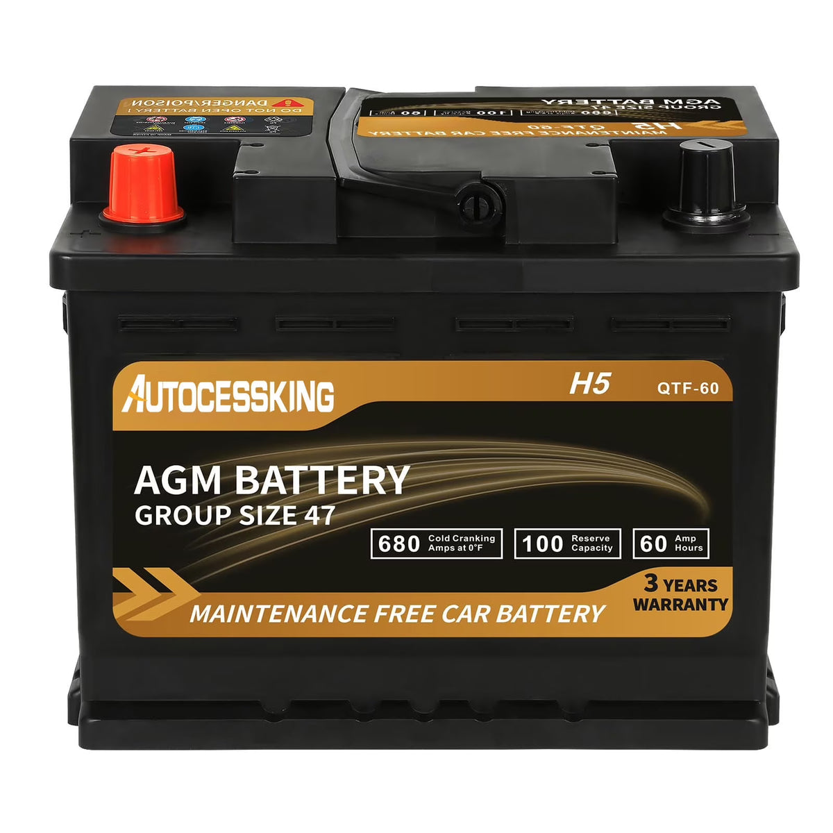 Batterie AGM Autocessking Platinum, batteries rechargeables automobiles groupe 47 pour voiture, 12V H5 680CCA 60Ah 100RC