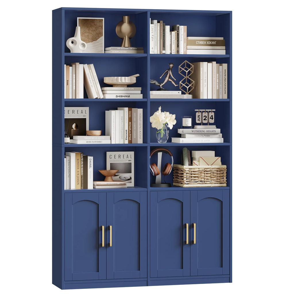 Bibliothèque haute Homfa 73 avec portes, 8 compartiments, 6 niveaux, double rangée, blanche, pour salon et bureau à domicile