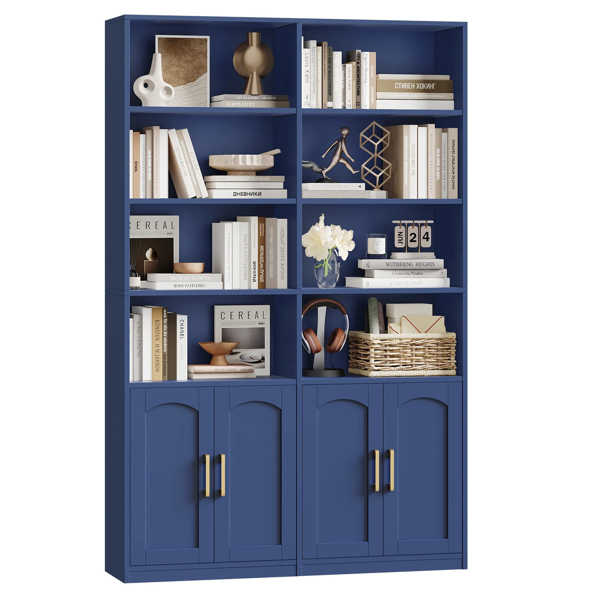 Bibliothèque haute Homfa 73 avec portes, 8 compartiments, 6 niveaux, double rangée, blanche, pour salon et bureau à domicile