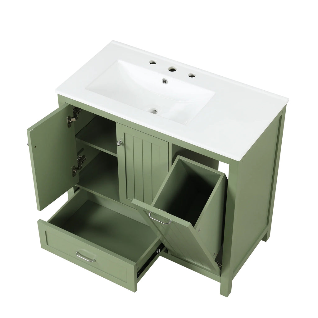 Meuble-lavabo de salle de bains Harper & Bright Designs 30 avec lavabo, armoire de salle de bains avec plateau en céramique, portes et tiroir de rangement multifonctionnels, vert