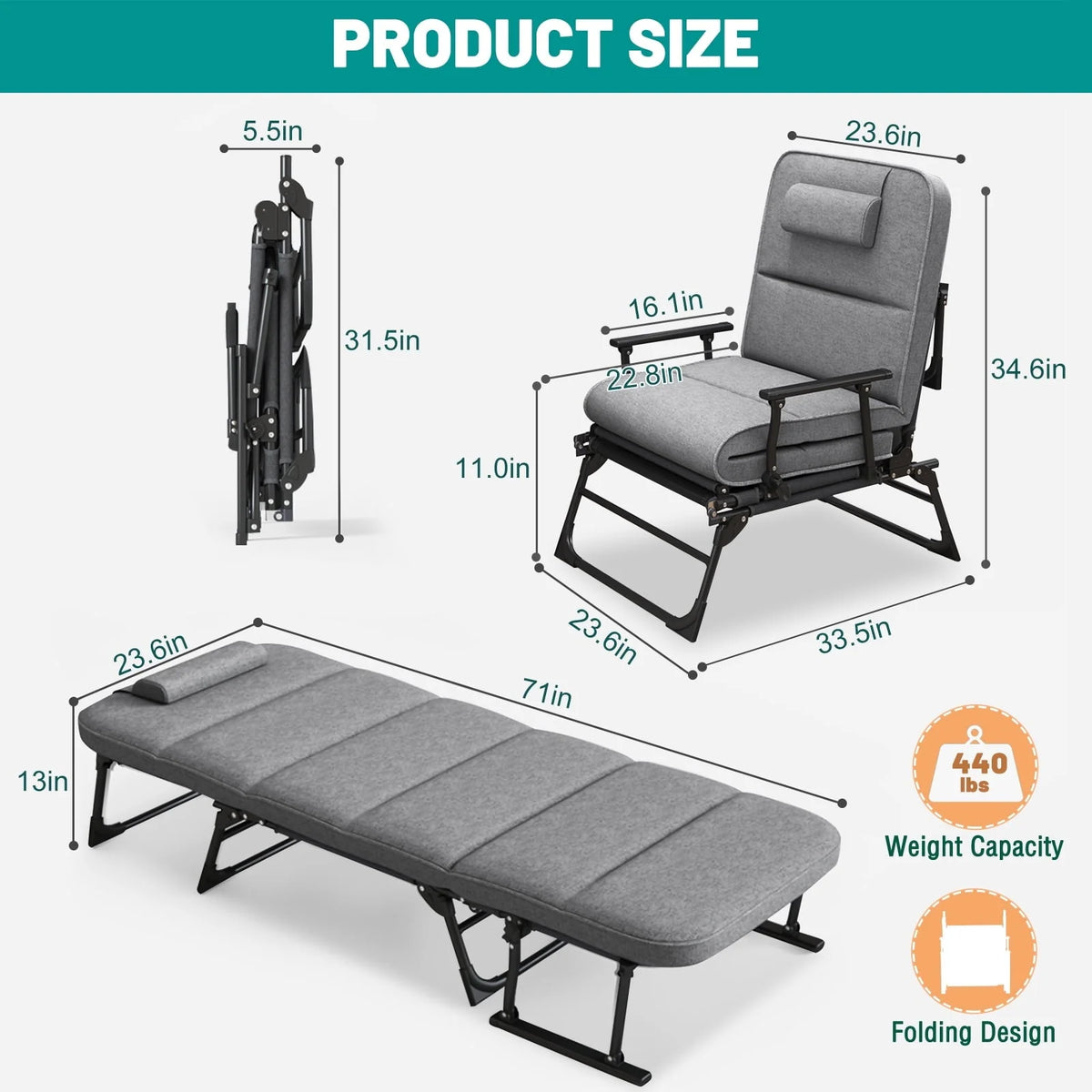 FICISOG Cadre de lit portable avec matelas, lits de repos pliables pour adultes et enfants, gris