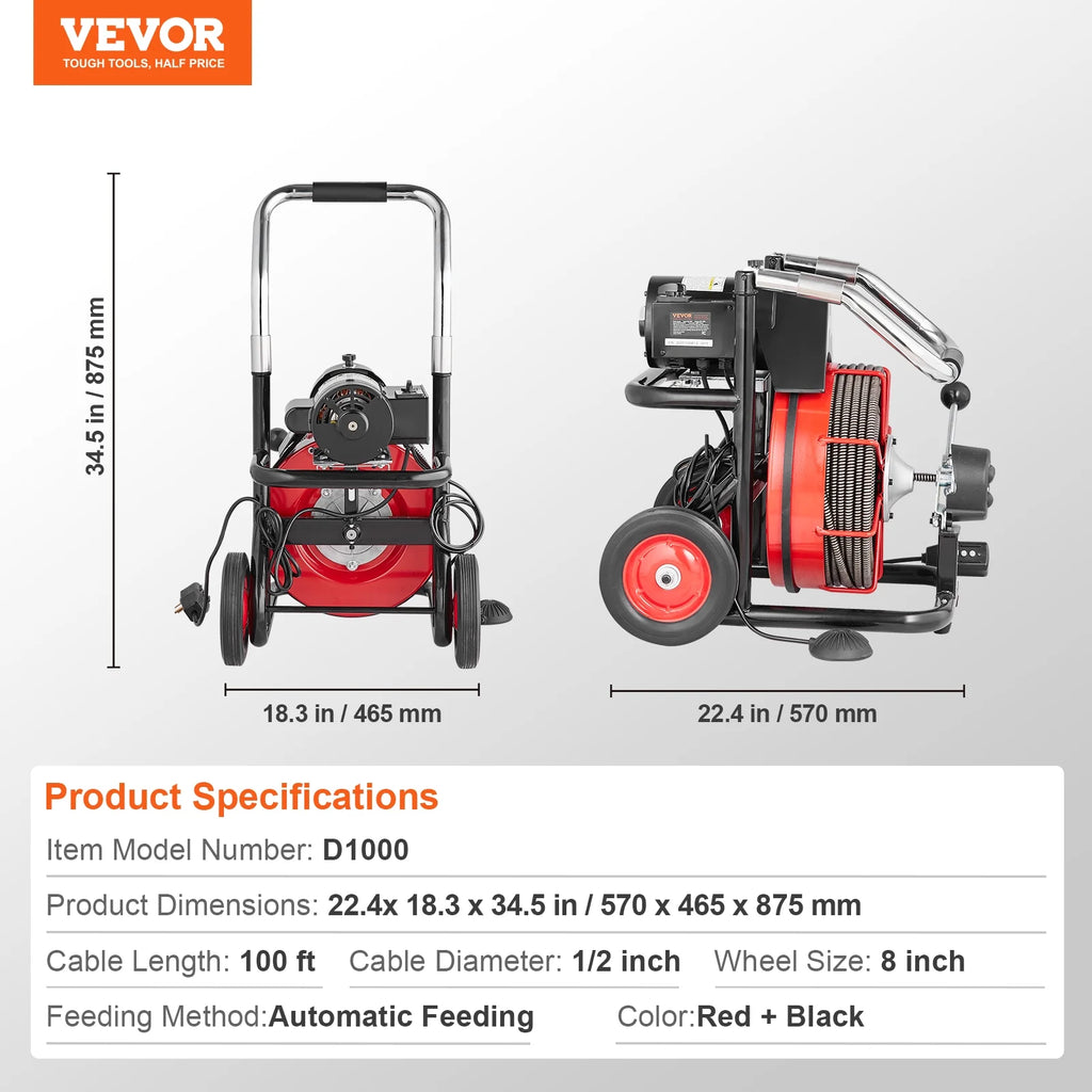 Déboucheur de canalisations VEVOR 30,5 m x 1/2 pouce, furet de canalisation automatique sur roulettes, machine portable de 550 W avec 8 coupe-racines et pédale de commande à air pour 2 à 4 canalisations