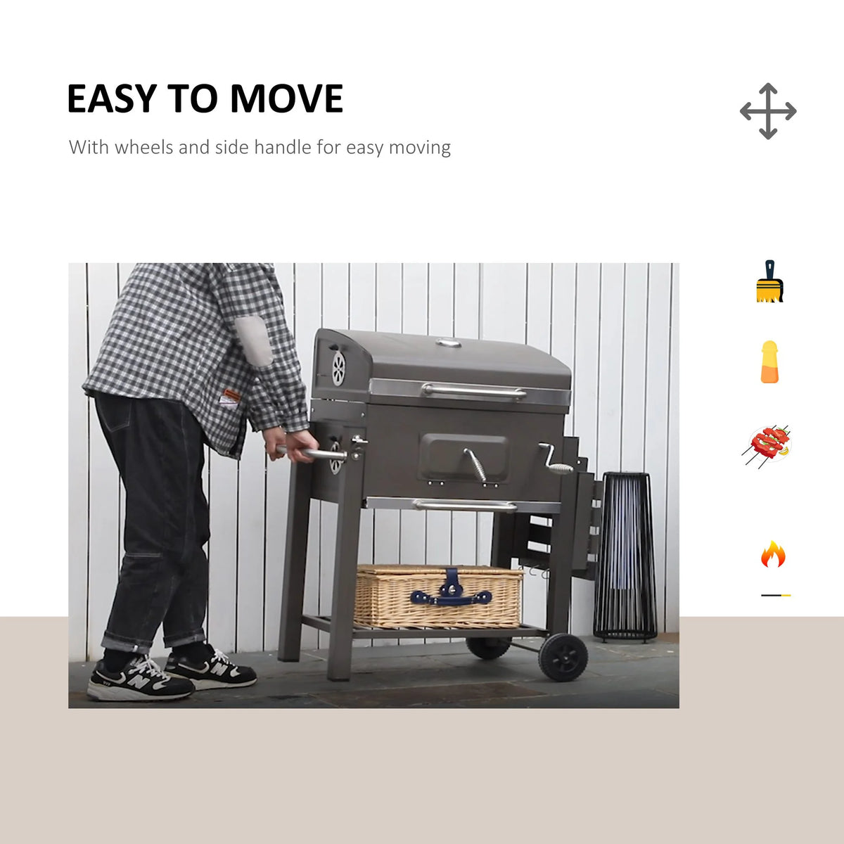Barbecue à charbon portable Outsunny, en acier inoxydable, avec thermomètre et brûleur latéral, gris