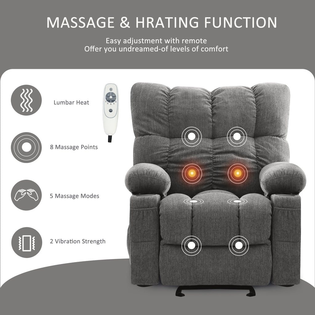 Fauteuil inclinable manuel JONPONY avec fonction de massage et de chauffage, mécanisme d’inclinaison robuste, fauteuil à bascule individuel pour personnes âgées avec porte-gobelets, pour chambre et salle de cinéma maison, gris