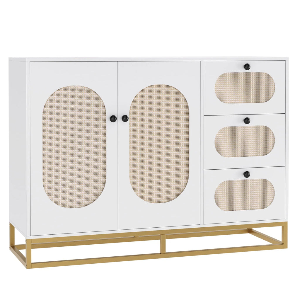 Meuble de rangement d'appoint Homfa à 3 tiroirs, buffet doré de 34,2 H avec portes en rotin pour salon, blanc