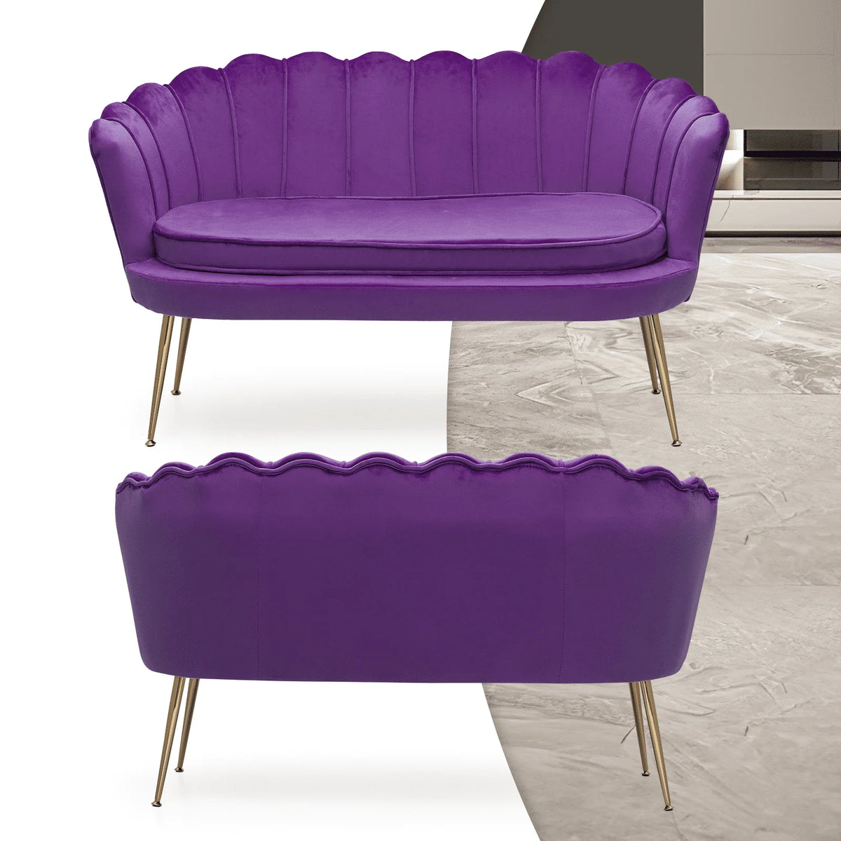 Canapé 2 places contemporain MoNiBloom en velours avec pieds en métal finition dorée, avec deux coussins pour salon, chambre, bureau à domicile, violet