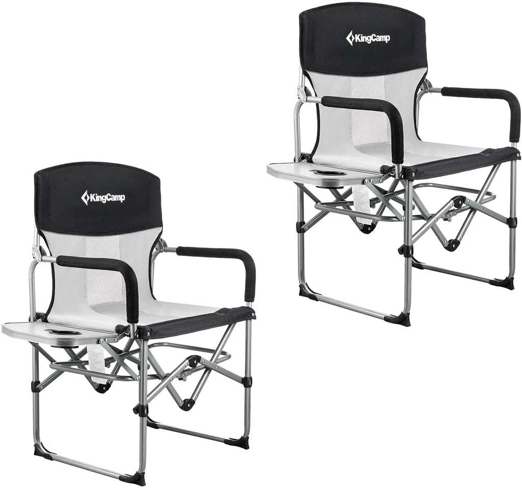 Lot de 2 chaises de camping KingCamp, soldes, pliantes et robustes, en maille, avec accoudoirs munis de poignées et tables latérales, pour adultes, noires