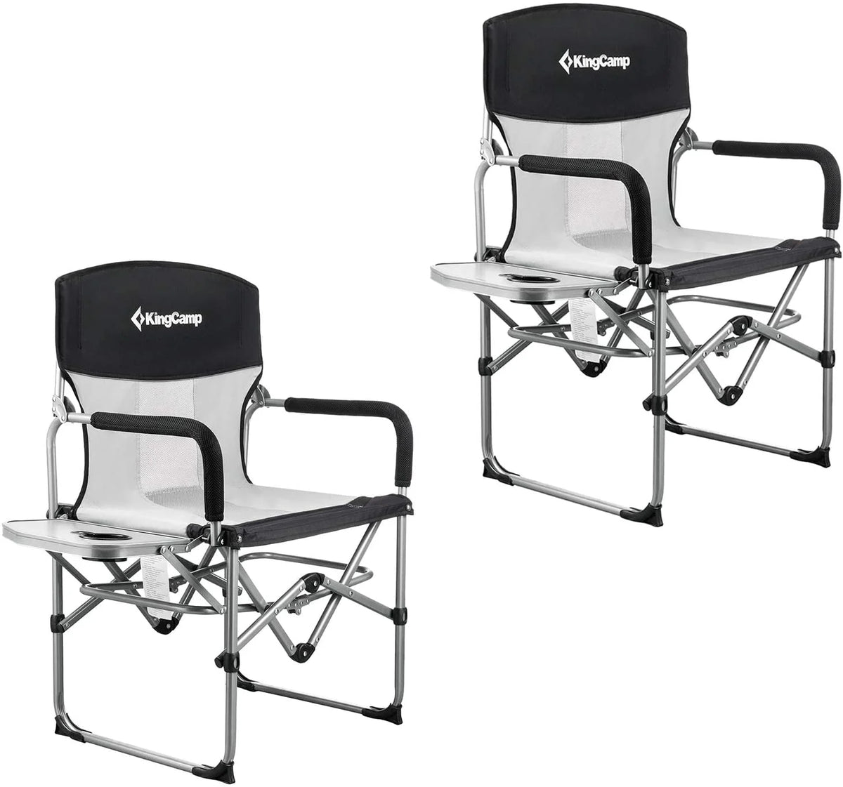 Lot de 2 chaises de camping KingCamp, soldes, pliantes et robustes, en maille, avec accoudoirs munis de poignées et tables latérales, pour adultes, noires