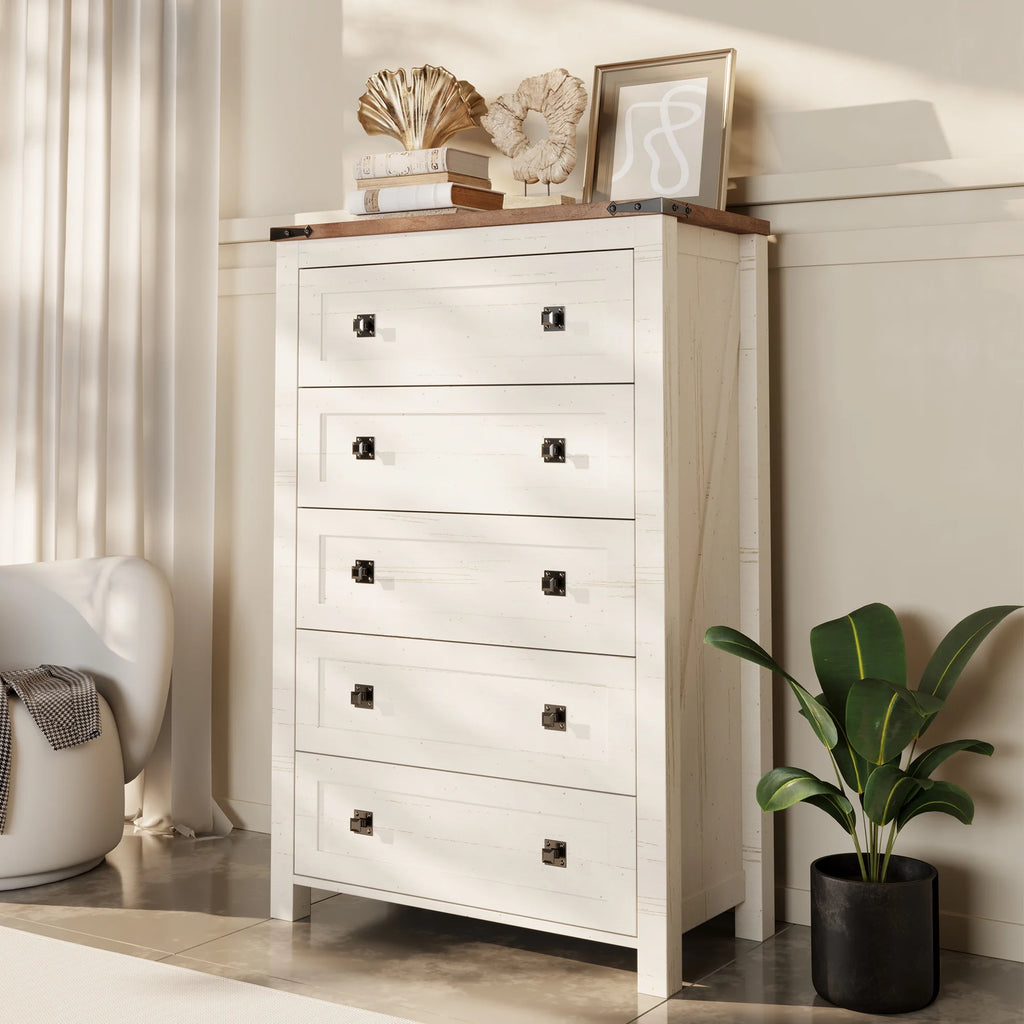 Commode Keywhat Farmhouse à 5 tiroirs pour chambre, meuble de rangement en bois pour salon, blanc antique
