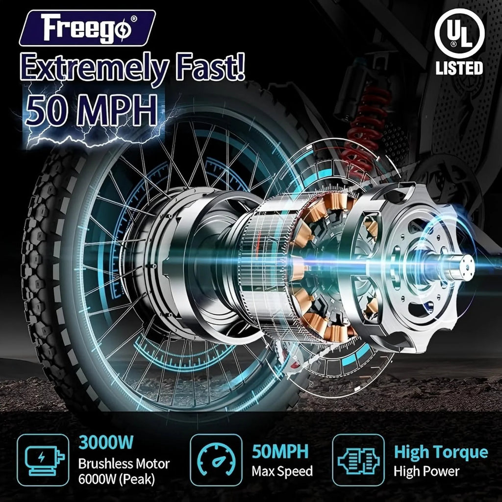 Moteur 6000W(Crête) Batterie 60V/35Ah, Moto électrique Freego X2Pro pour adultes, Vélo électrique  50MPH/7 Vitesses Vélo électrique tout-terrain, Suspension intégrale 19x2/Frein hydraulique à quatre pistons UL2849MTB