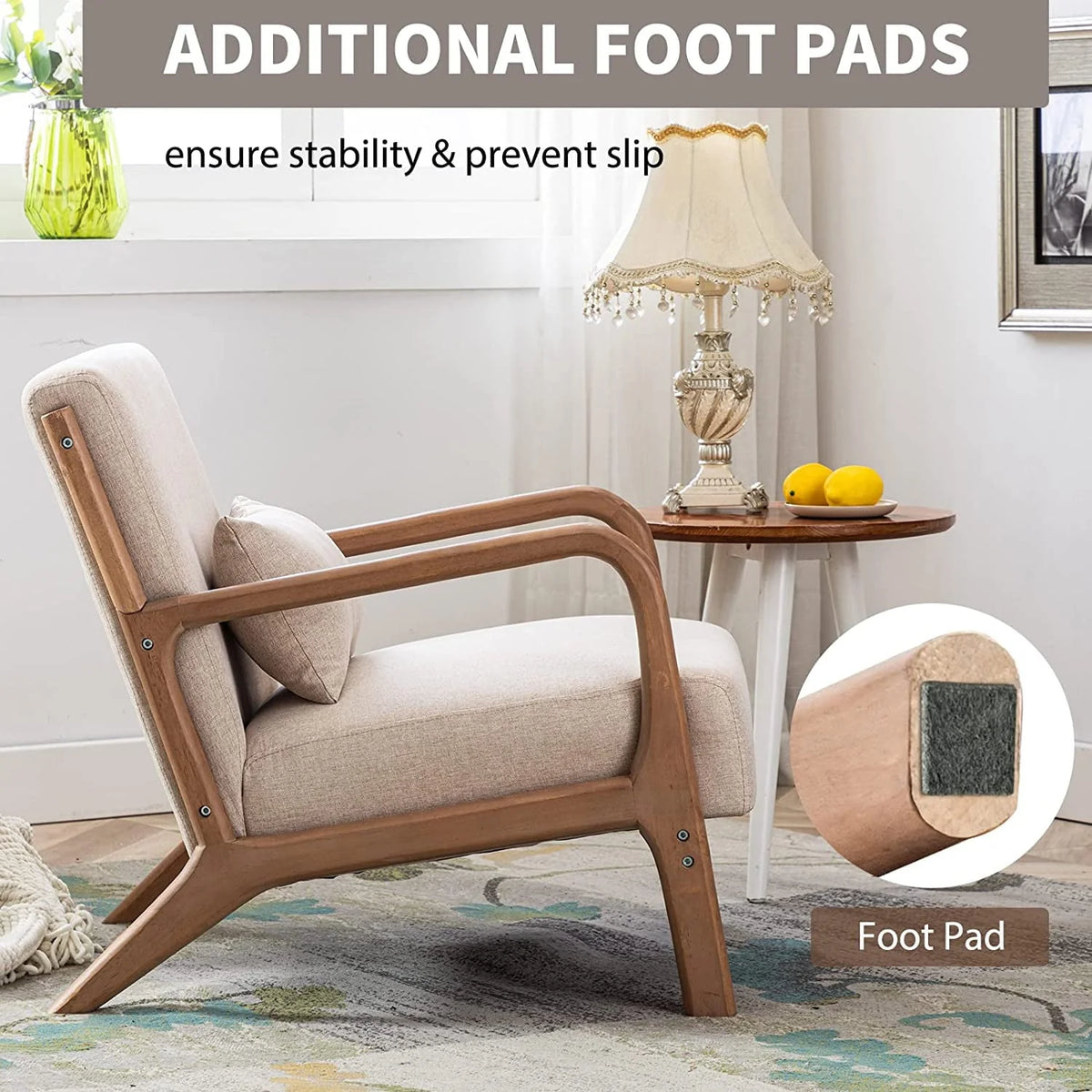 Fauteuil d'appoint Bonzy Home de style moderne du milieu du siècle, fauteuil de lecture individuel en tissu avec structure en bois massif, fauteuils à montage facile pour salon, beige