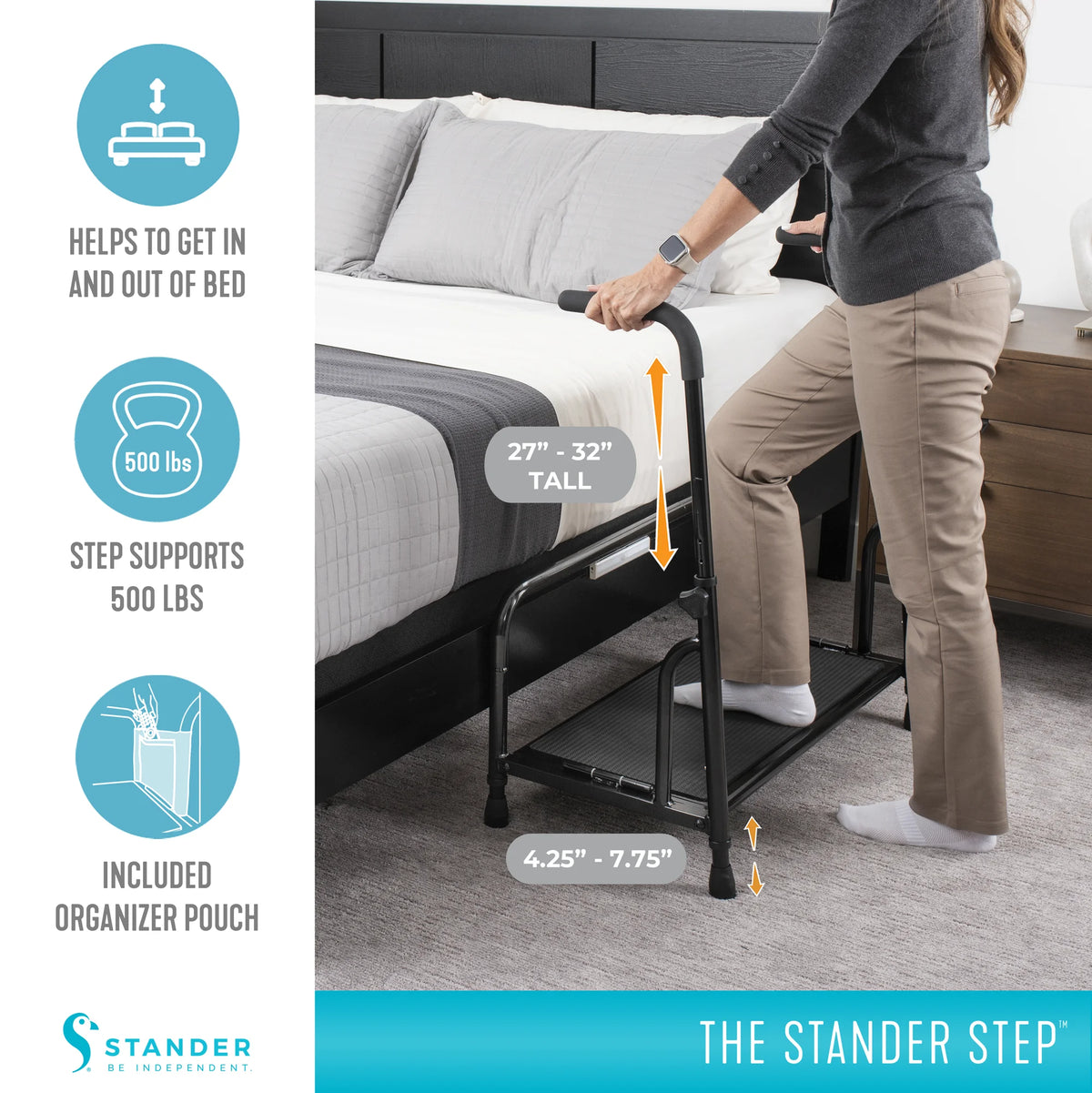 Marchepied Stander, marchepied de lit avec rampes d'appui réglables pour personnes âgées, marchepied extra large robuste, marchepied avec barres d'appui et lumière à détection de mouvement, blanc