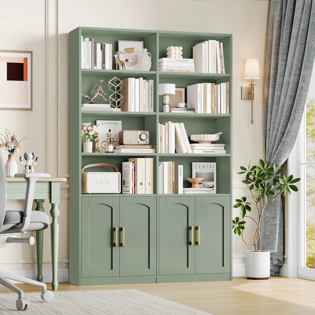 Bibliothèque haute Homfa 73 avec portes, 8 compartiments, 6 niveaux, double rangée, blanche, pour salon et bureau à domicile