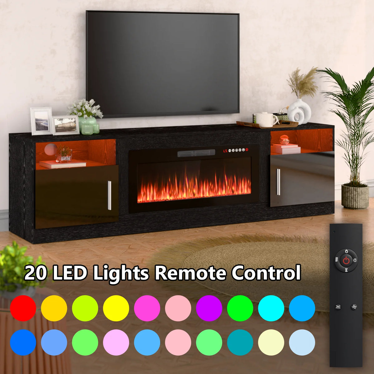 Meuble TV avec cheminée Waleaf avec cheminée électrique de 36 pouces pour téléviseurs jusqu’à 80 pouces, console multimédia moderne en bois avec meuble éclairé, blanc
