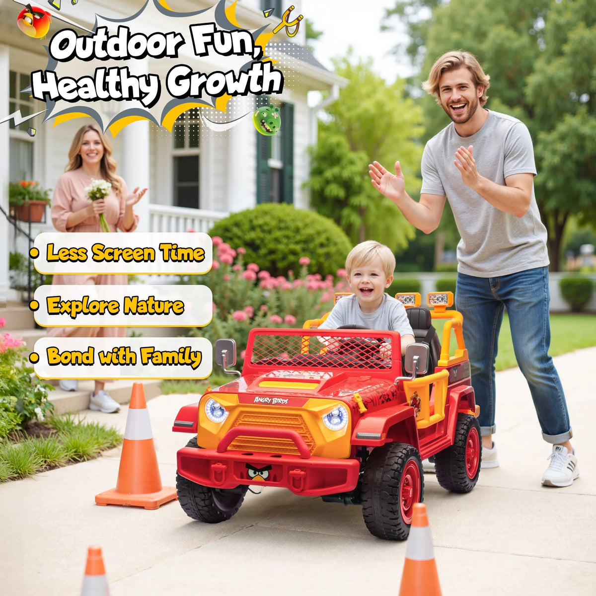 Jouets électriques Joyracer 24 volts pour grands enfants, camion sous licence Angry Birds avec télécommande, véhicule électrique 4x4 à 2 places avec pelle, Bluetooth, lumières, roues de voiture électrique, pour enfants de 3 à 8 ans, jusqu’à 59 kg, vert