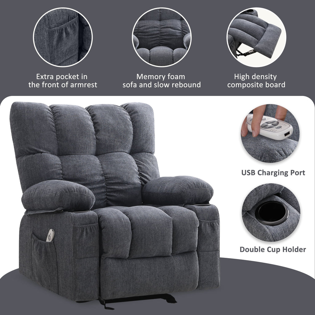 Fauteuil inclinable manuel JONPONY avec fonction de massage et de chauffage, mécanisme d’inclinaison robuste, fauteuil à bascule individuel pour personnes âgées avec porte-gobelets, pour chambre et salle de cinéma maison, gris