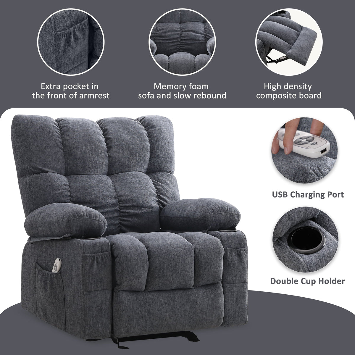 Fauteuil inclinable manuel JONPONY avec fonction de massage et de chauffage, mécanisme d’inclinaison robuste, fauteuil à bascule individuel pour personnes âgées avec porte-gobelets, pour chambre et salle de cinéma maison, gris