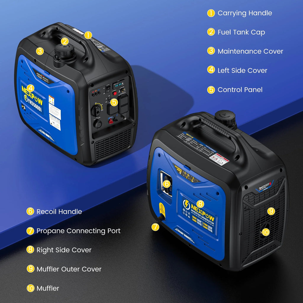 Génératrice portable avec onduleur NEXPOW 3000 W, légère et à essence, pour alimentation de secours à la maison et au camping, mode éco, couplage en parallèle, protection contre les surcharges