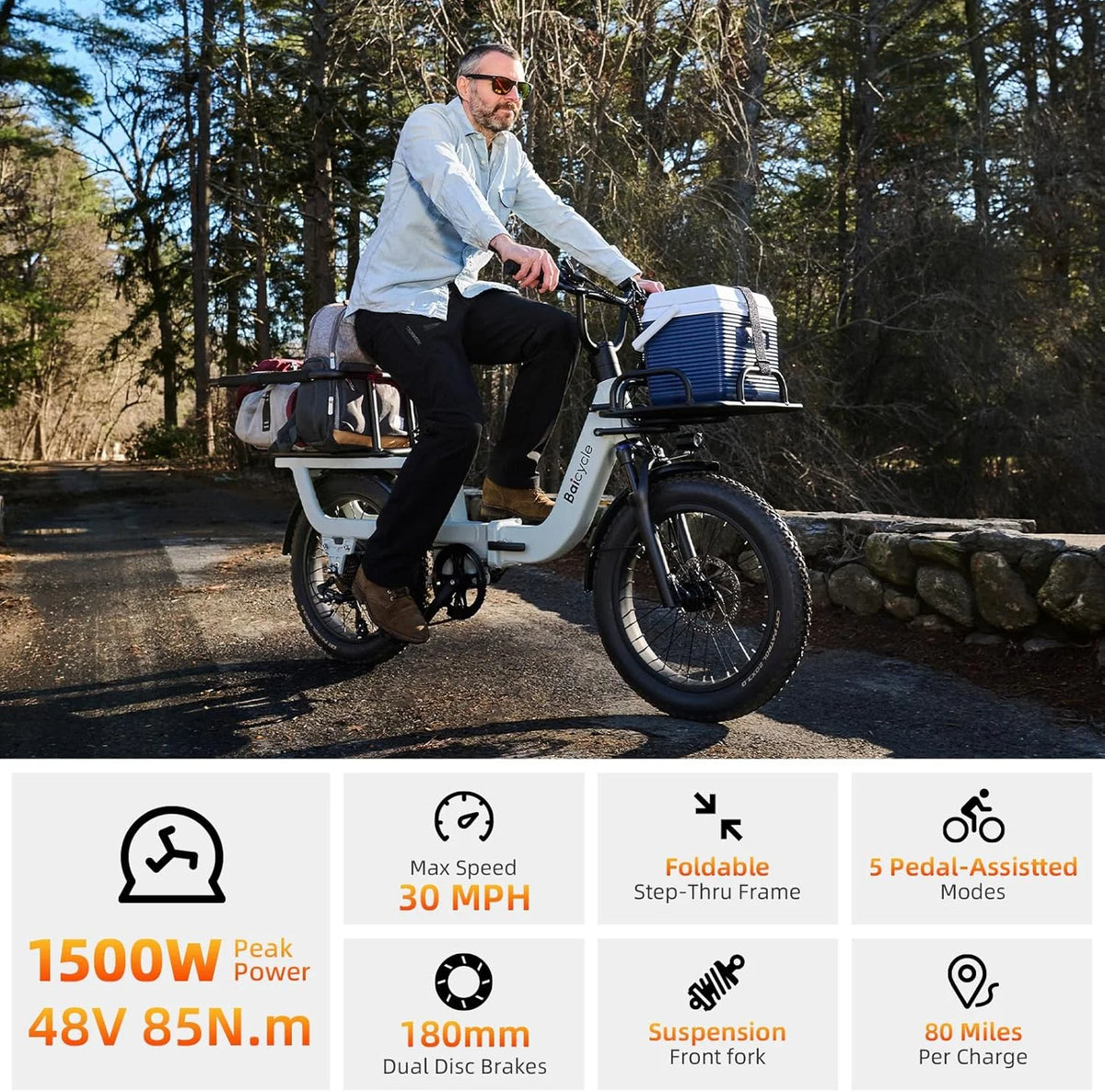 Vélo électrique pour adultes avec moteur de 1500 W en crête, 80 miles d’autonomie maximale, 7 vitesses, batterie amovible de 750 Wh, vélo électrique pliant avec pneus larges de 20 pouces, suspension intégrale et certification UL