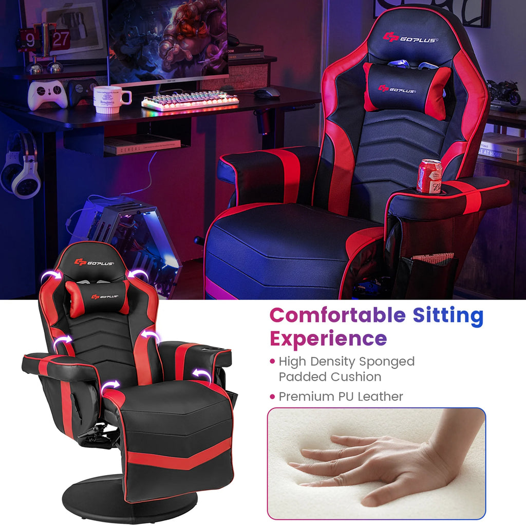Fauteuil gaming inclinable Goplus avec massage, réglable en hauteur, pivotant, style racing, avec porte-gobelet, rouge