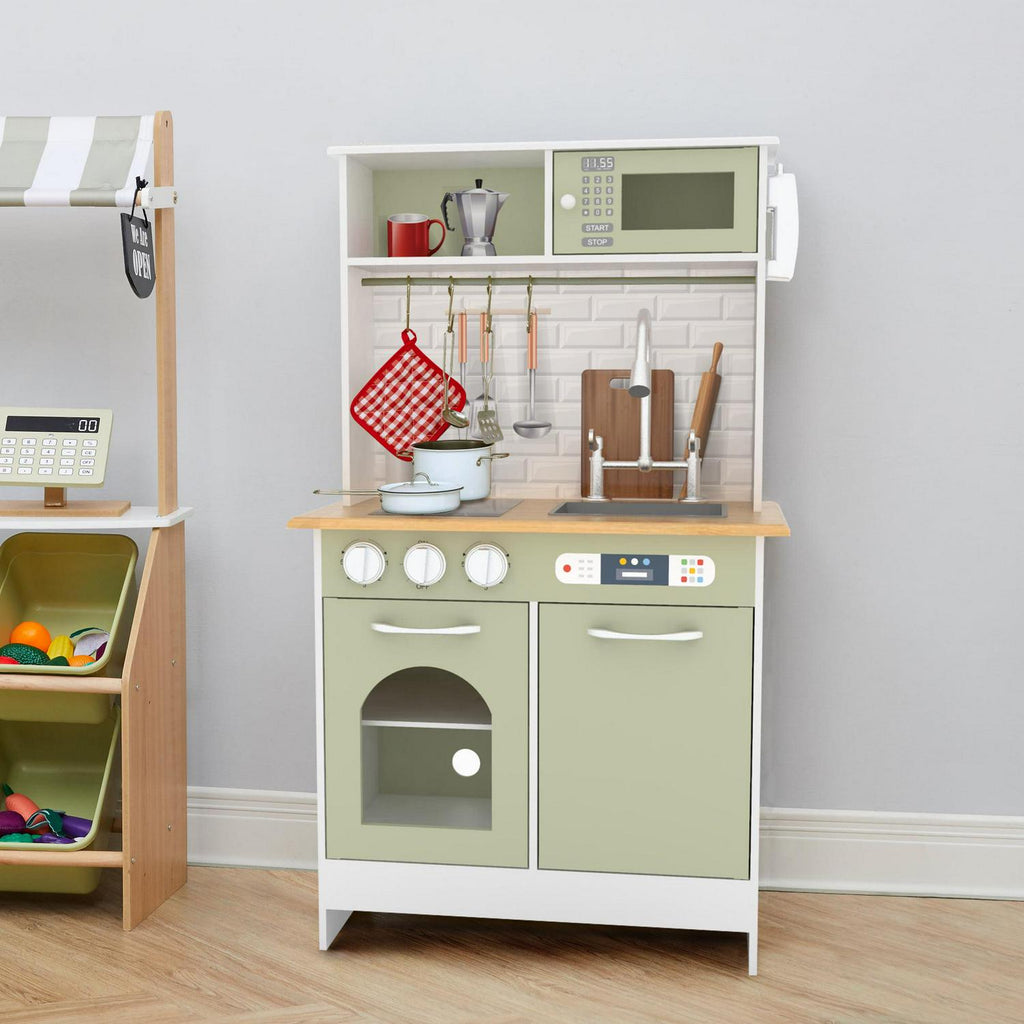 Teamson Kids Little Chef Ensemble de cuisine moderne Boston. Ensemble d'accessoires de 9 pièces. Four. Micro-ondes. Brûleur. Évier. Blanc/Vert