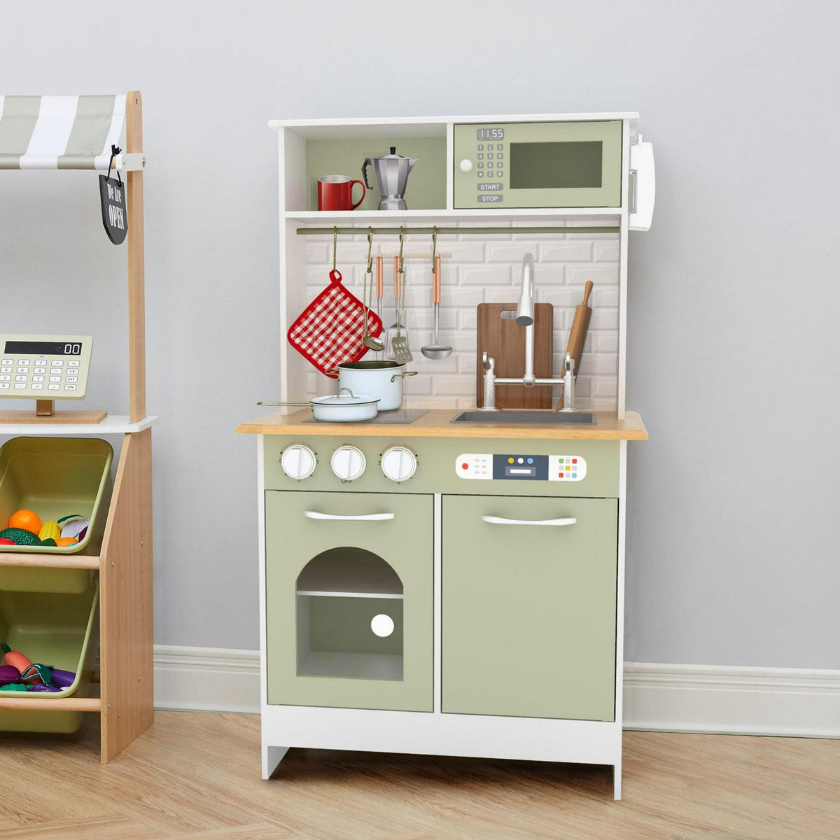 Teamson Kids Little Chef Ensemble de cuisine moderne Boston. Ensemble d'accessoires de 9 pièces. Four. Micro-ondes. Brûleur. Évier. Blanc/Vert