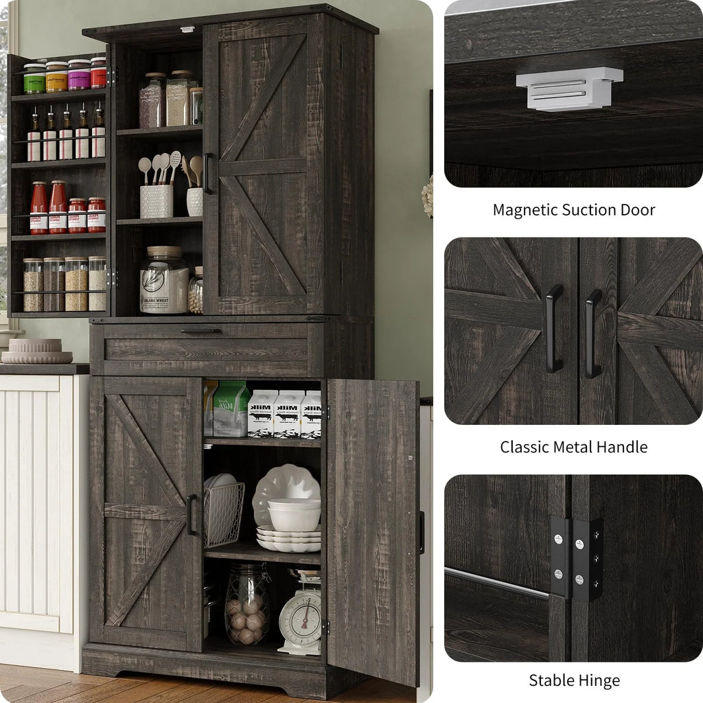 FUSOU Armoire de rangement de cuisine 72'', Armoire haute avec 8 étagères de porte, 2 placards et 1 tiroir, Meuble autoportant pour cuisine, salle à manger, salle de bain, buanderie