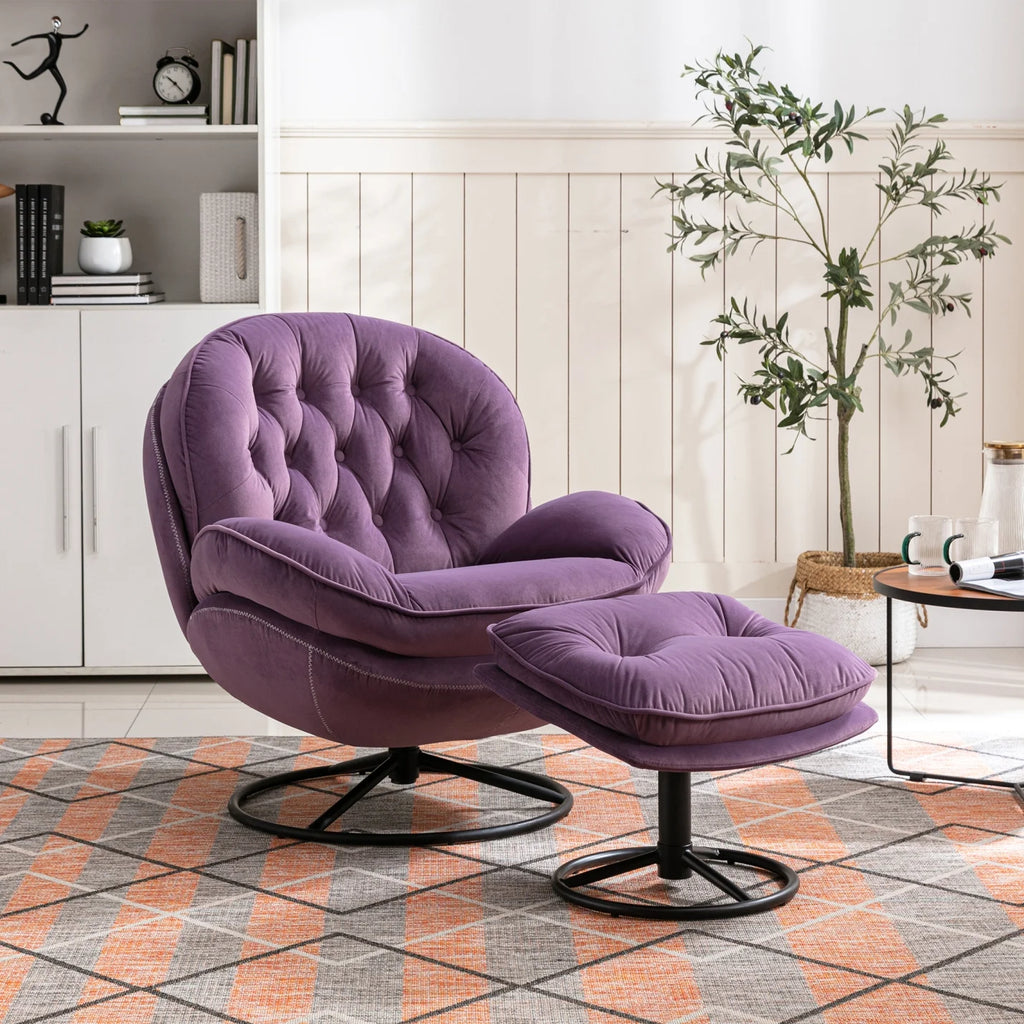 Fauteuil d'appoint pivotant en velours avec pouf, fauteuil méridienne moderne avec structure en métal et repose-pieds, fauteuil confortable pour la lecture, salon, chambre, bureau, bleu