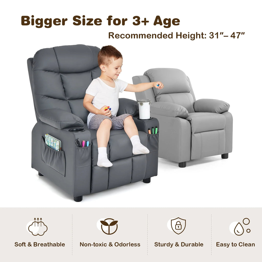 Fauteuil inclinable pour enfant et adolescent Costway en similicuir PU avec porte-gobelets et poches latérales, gris