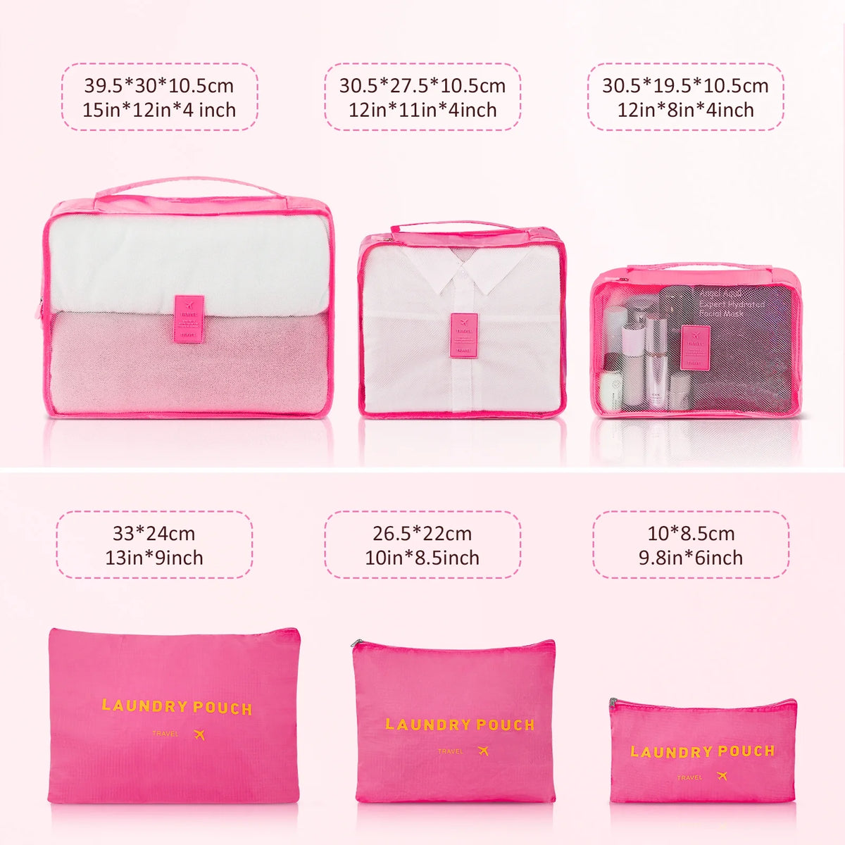 Ensemble de 9 pièces comprenant 3 valises rigides de 20, 24 et 28 pouces, 6 sacs de rangement et valises de voyage à roulettes, rose