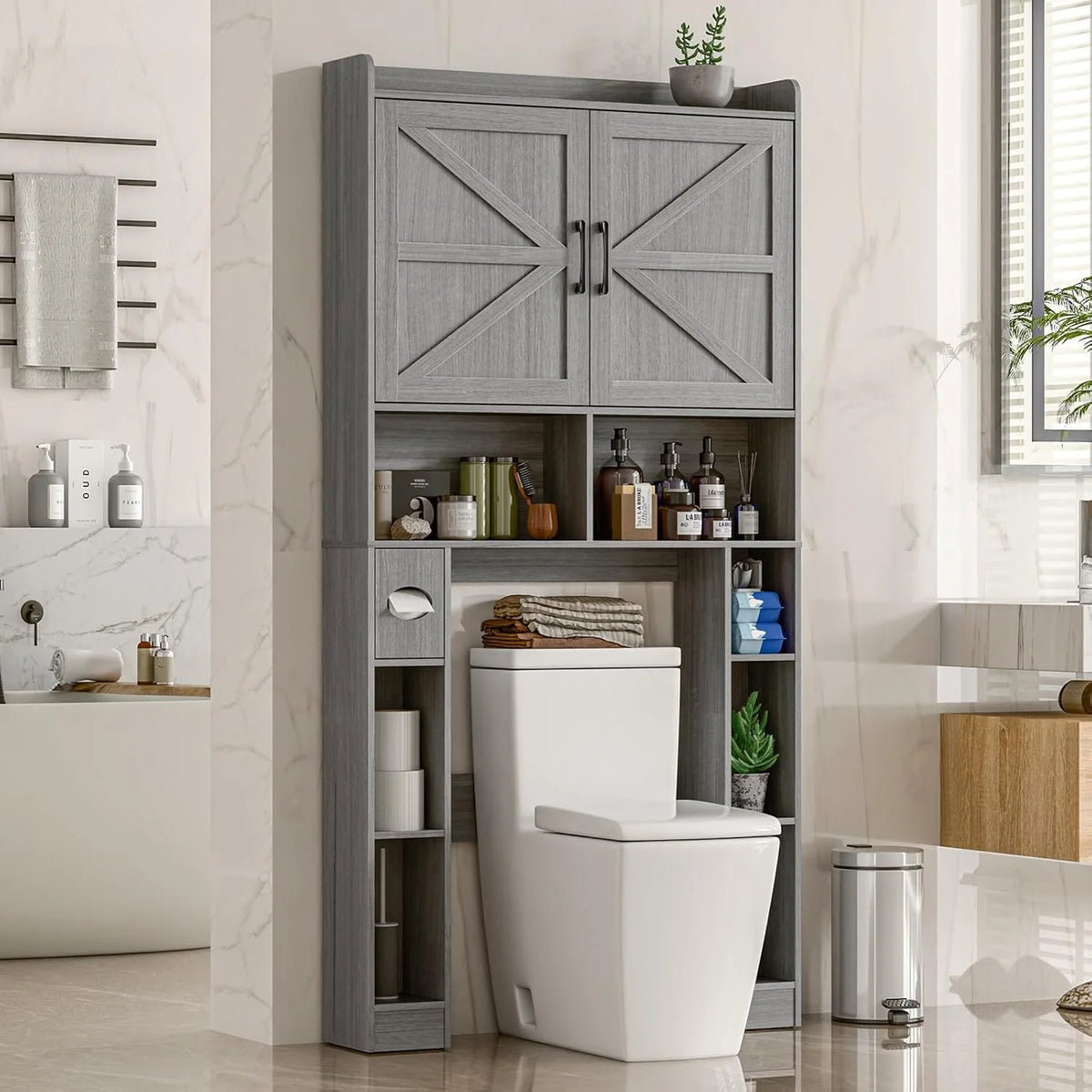Meuble de rangement Vabches au-dessus des toilettes avec porte-papier toilette, avec étagère réglable et 2 portes