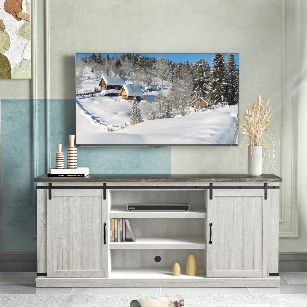 Meuble TV rustique FESTIVO pour téléviseur 75 pouces, centre de divertissement, meuble TV avec porte de grange coulissante, console TV de 68 pouces, meuble multimédia de salon avec étagère réglable - Blanc cassé